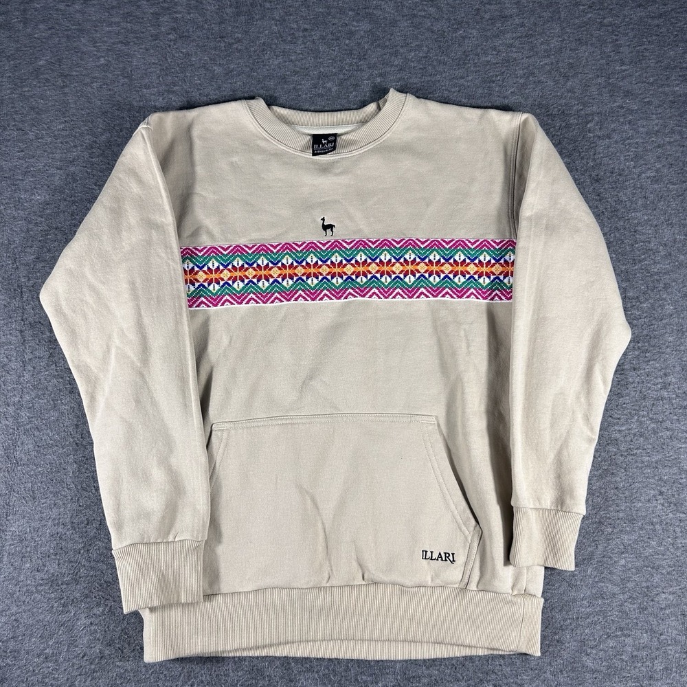 Illari Crewneck Sweatshirt Tan Peruvian Embroidered 💯 Cotton Size M Art Design